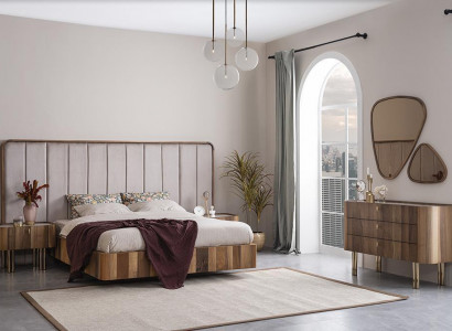 Bedroom set double bed modern 2x nightstands luxury dresser with mirror